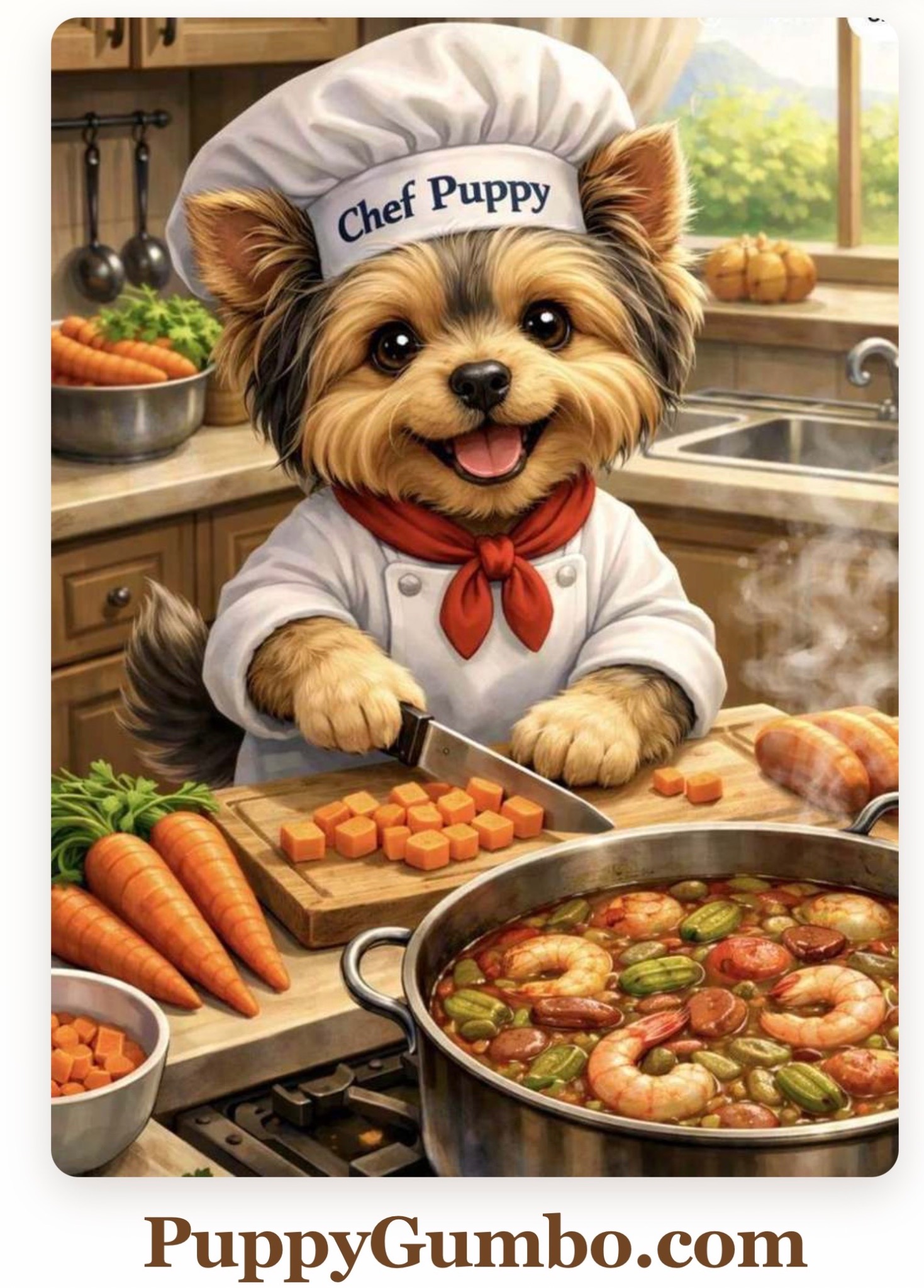 Chef Puppy welcoming visitors to PuppyGumbo.com