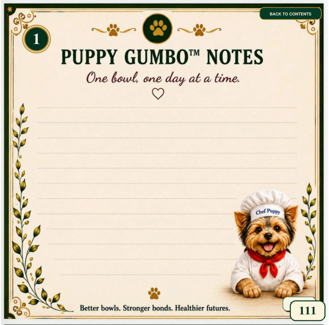 Cookbook preview page 111: Puppy Gumbo Notes