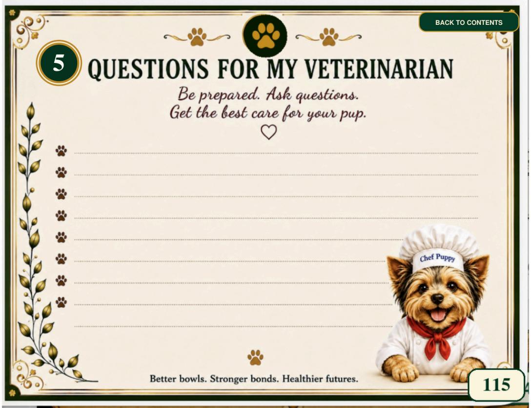 Cookbook preview page 115: Questions for My Veterinarian