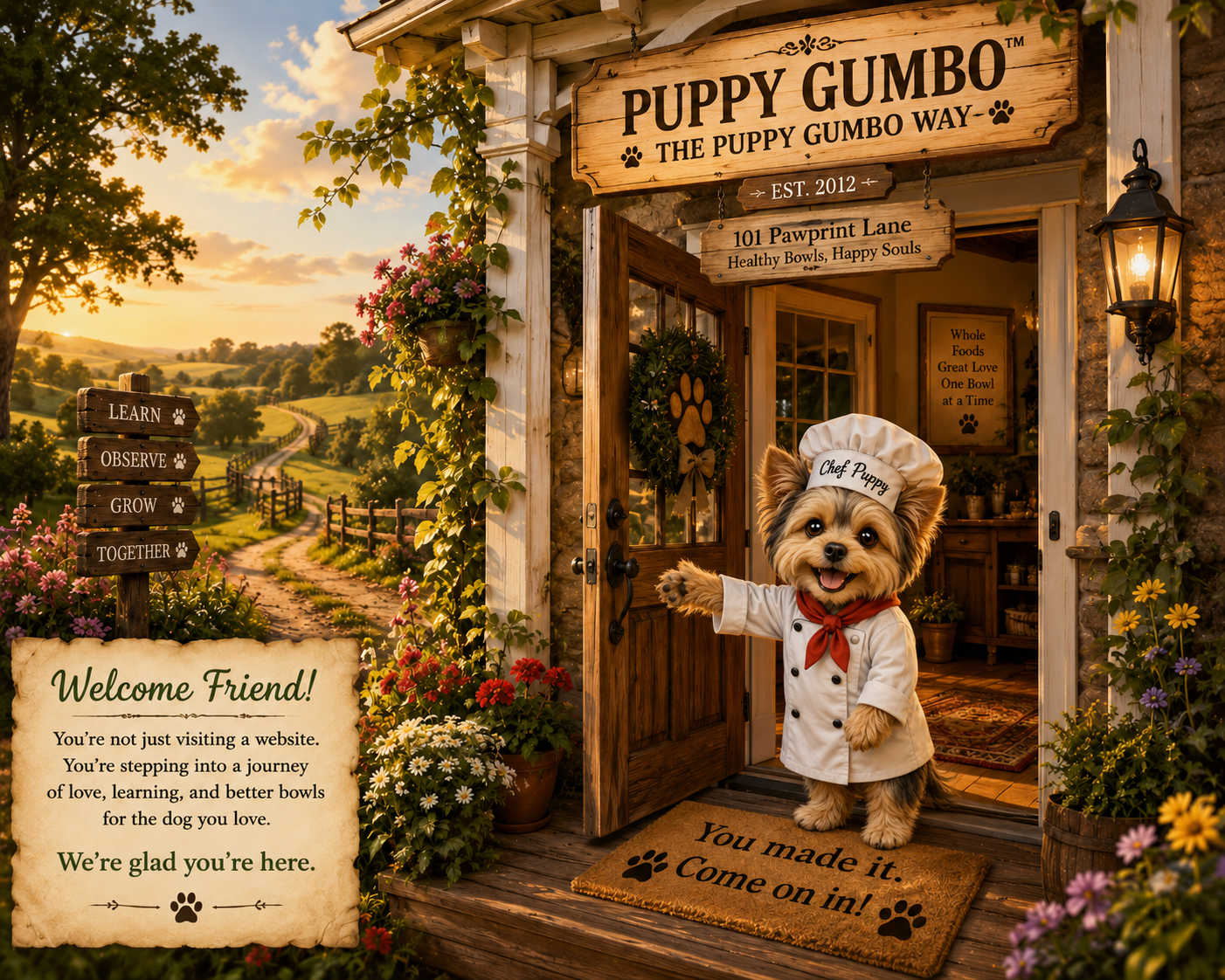Chef Puppy welcoming visitors through the front door of Puppy Gumbo