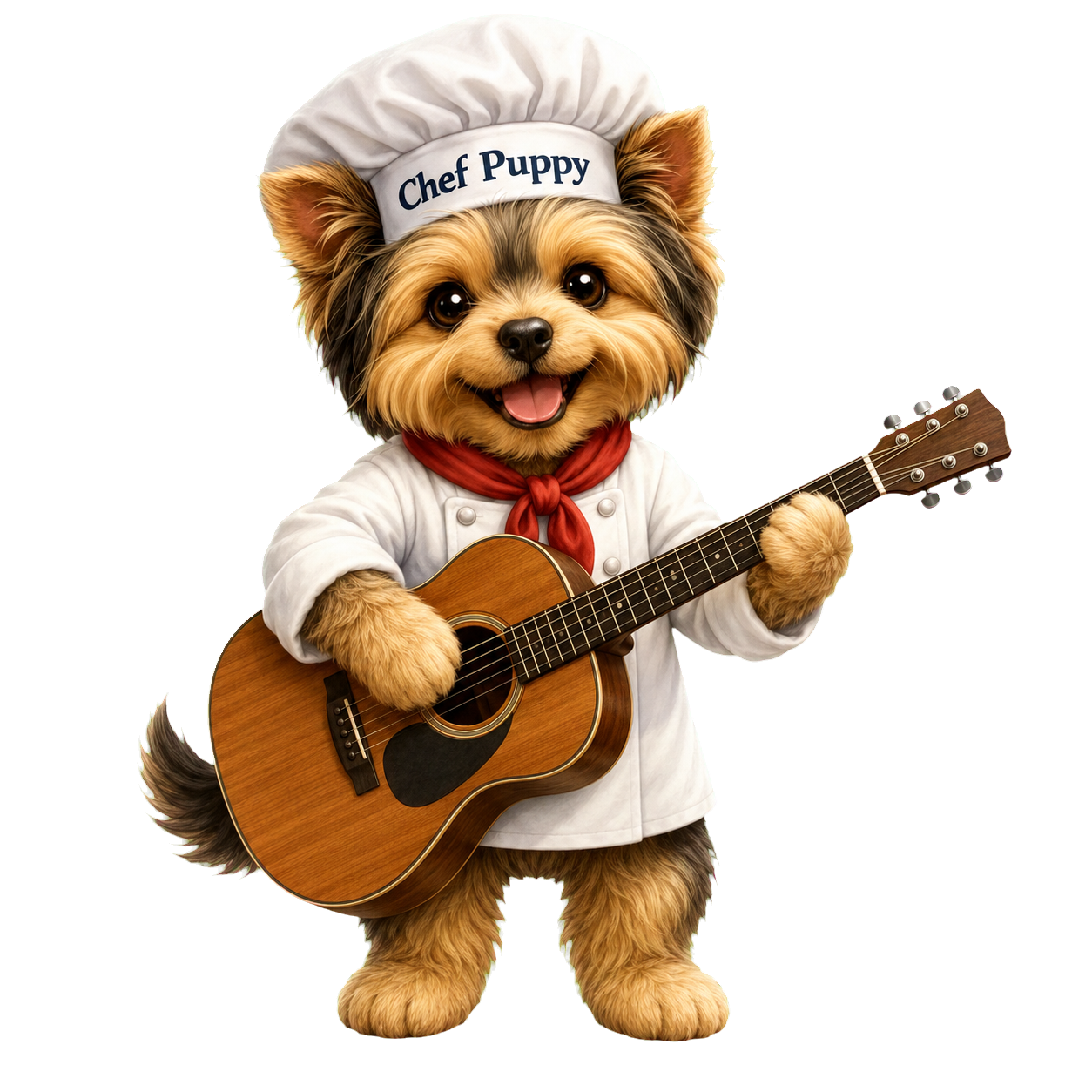 Chef Puppy playing guitar in the Puppy Gumbo Music Room